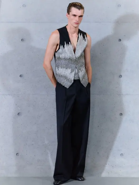 Emporio Armani Spring 2027 silver embellished waistcoat and pleated trousers