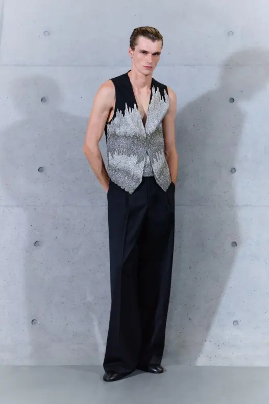 Emporio Armani Spring 2027 silver embellished waistcoat and pleated trousers