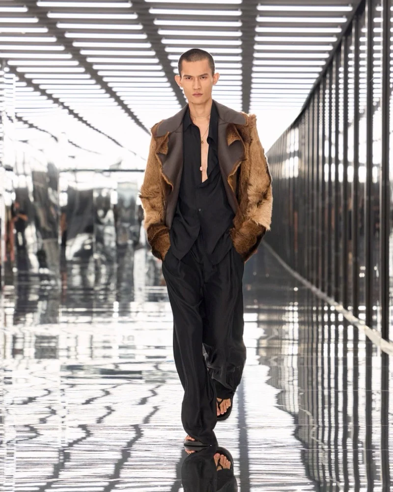 Fendi Spring Summer 2027 shaggy jacket with leather lapels and fluid trousers