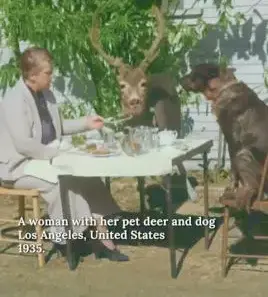 Woman with her pet dog and deer in Los Angeles in 1935