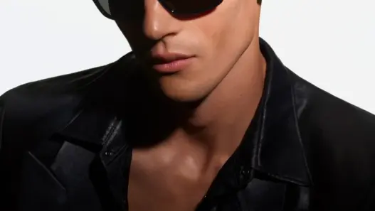 Samuel Watson wearing black rectangular Gucci sunglasses for Fall 2026