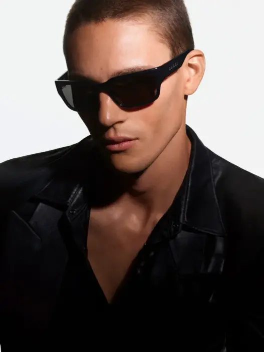 Samuel Watson wearing black rectangular Gucci sunglasses for Fall 2026