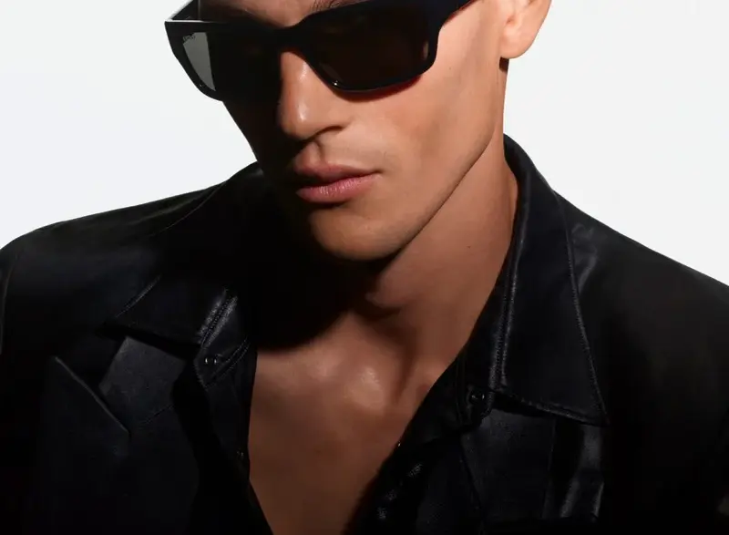 Samuel Watson wearing black rectangular Gucci sunglasses for Fall 2026