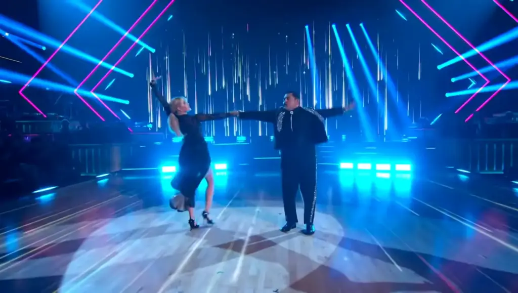 Guillermo Rodriguez and Witney Carson dancing a paso doble on Dancing with the Stars