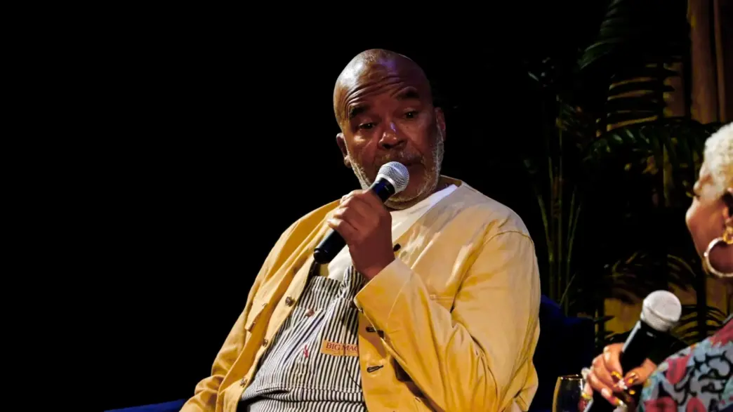 David Alan Grier and Luenell speaking onstage during The Hey Luenell Podcast at Flappers Comedy Club