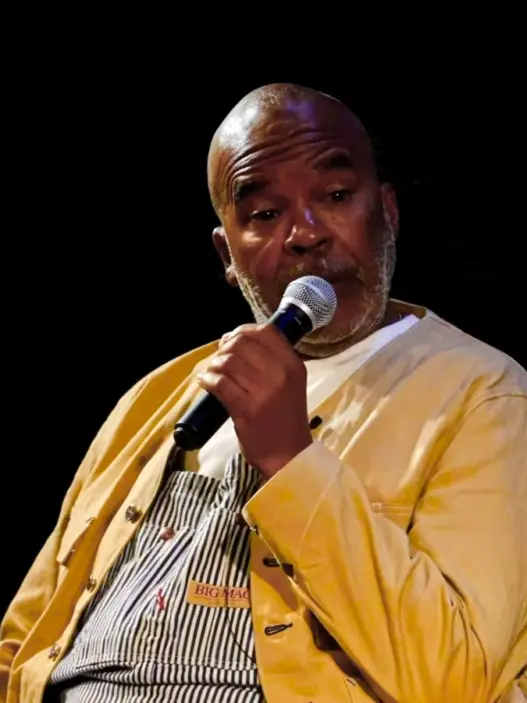 David Alan Grier and Luenell speaking onstage during The Hey Luenell Podcast at Flappers Comedy Club