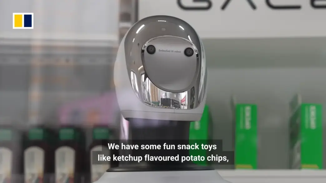 Galbot humanoid robot working inside one of Hong Kong’s new robot-operated convenience stores