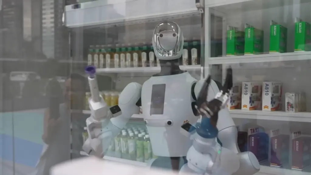 Customer interacting with a Galbot robot-operated convenience store in Hong Kong