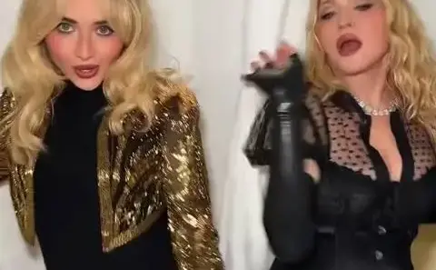 Madonna and Sabrina Carpenter during a playful post-VMAs hotel bathroom moment