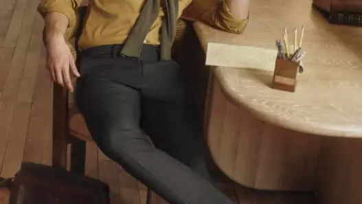 Jack Quaid in mustard shirt and olive sweater for Bonobos Fall 2026
