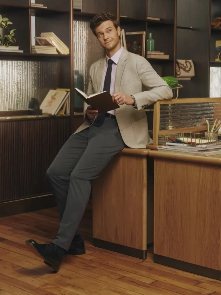 Jack Quaid in a flecked oatmeal blazer for Bonobos Fall 2026