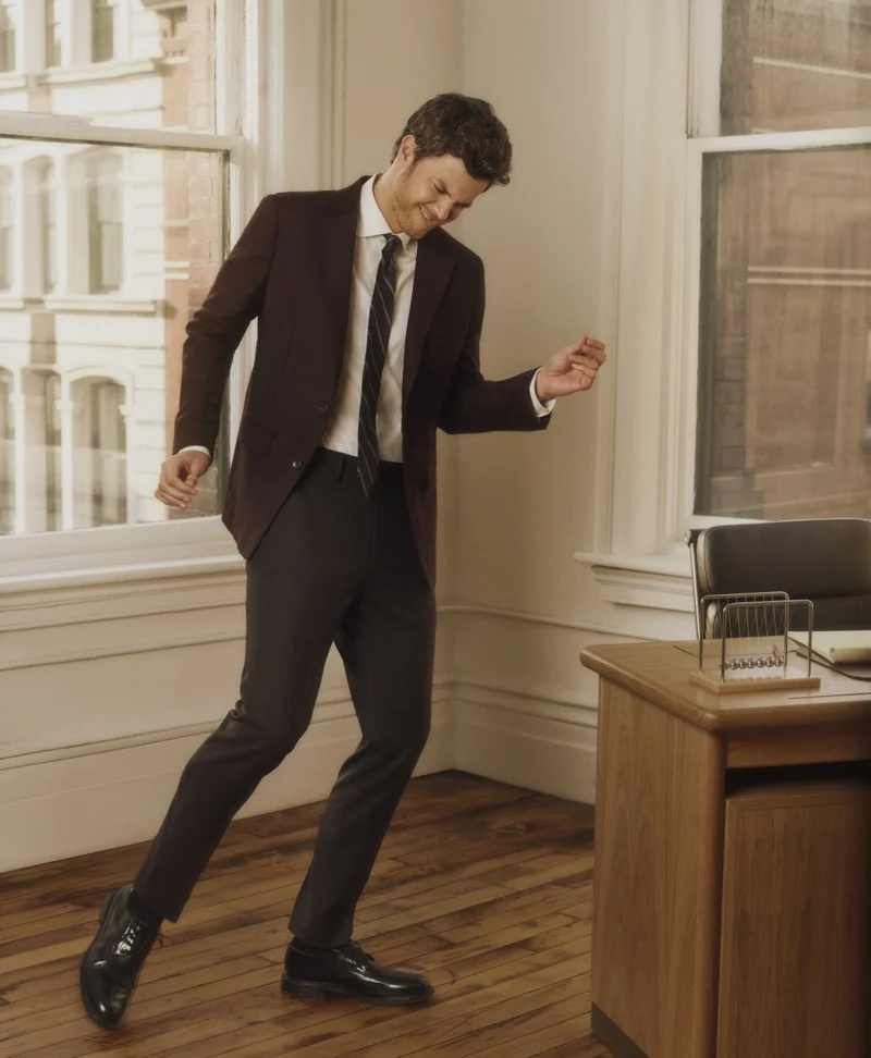 Jack Quaid in oxblood blazer for Bonobos Fall 2026