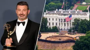 Jimmy Kimmel holding an Emmy beside the White House in a split-screen image about reported FCC and political pressure surrounding Jimmy Kimmel Live!