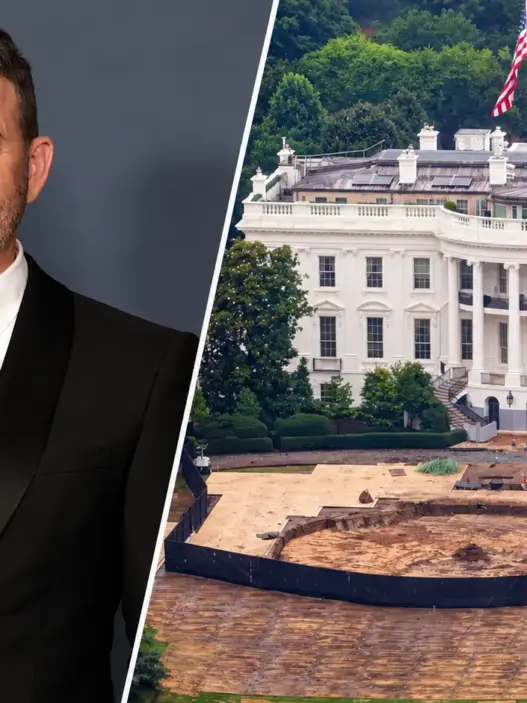 Jimmy Kimmel holding an Emmy beside the White House in a split-screen image about reported FCC and political pressure surrounding Jimmy Kimmel Live!