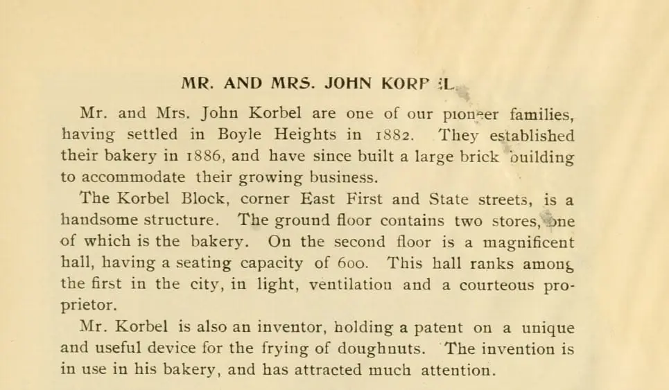 Historic profile of John and Elizabeth Korbel describing their Boyle Heights bakery and Korbel Hall