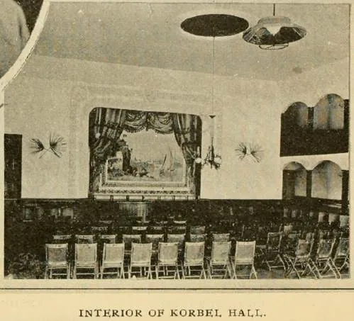 Historic interior photograph of Korbel Hall showing the second-floor ballroom in Boyle Heights