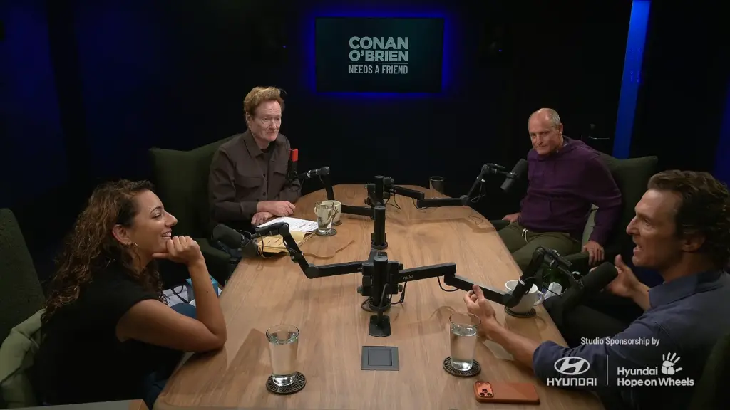 Matthew McConaughey Woody Harrelson and Conan O'Brien during the Team Coco podcast