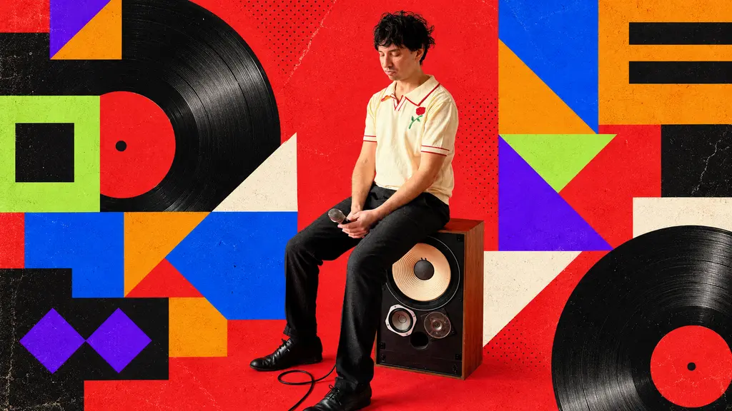 Mattie Safer seated with a microphone and speaker in a colorful lovetempo-inspired collage.