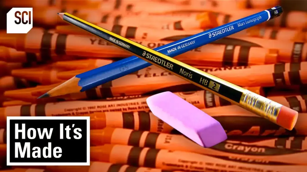 Art supplies being manufactured in a video showing how crayons, colored pencils and other familiar materials are made