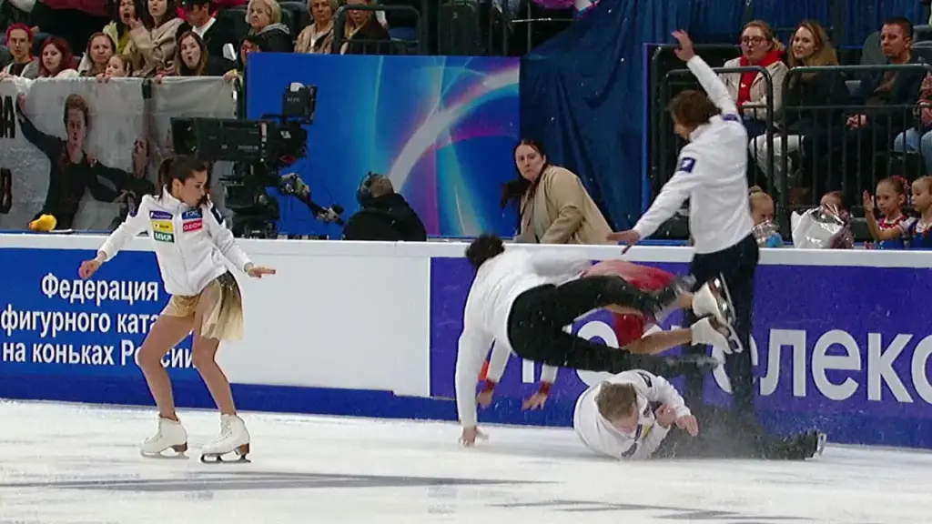 Vasilisa Kaganovskaya and Maxim Nekrasov during the warm-up collision at the 2026 Russian figure skating test skates