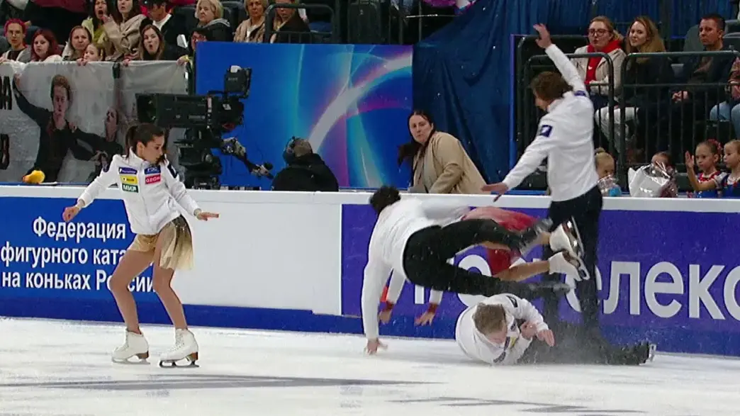 Vasilisa Kaganovskaya and Maxim Nekrasov during the 2026 warm-up collision