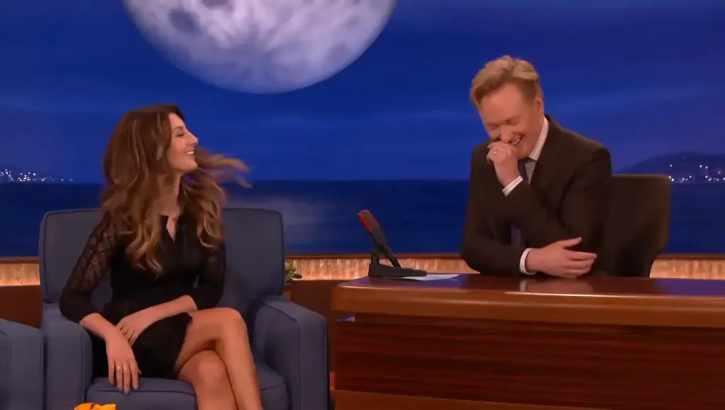 Nasim Pedrad and Conan O'Brien during the CONAN segment about her teenage crush