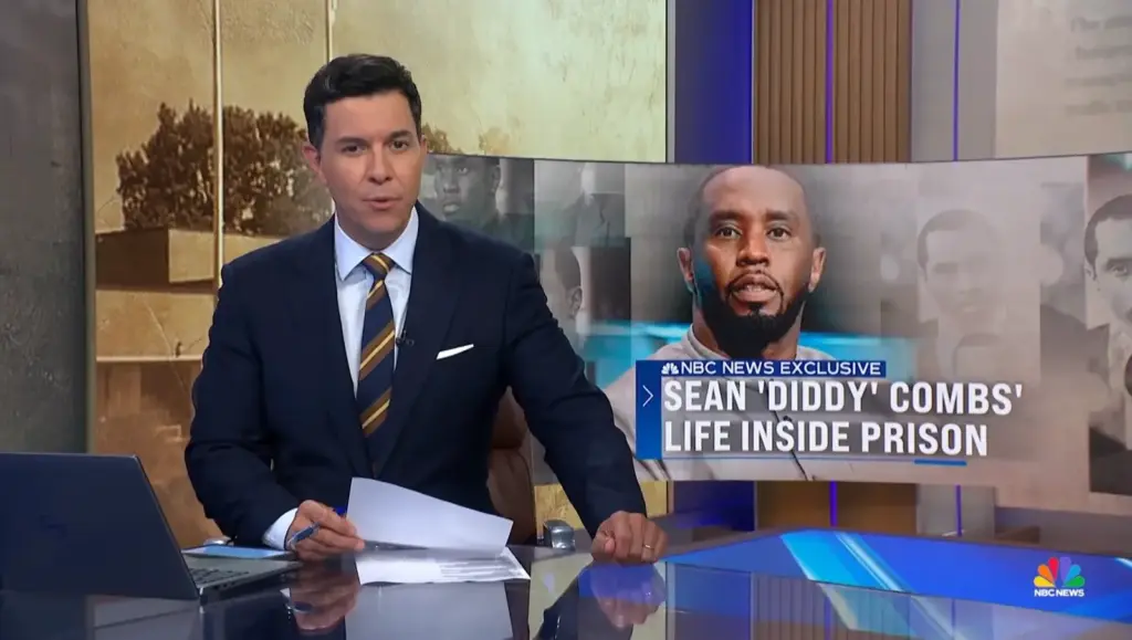 Tom Llamas introducing NBC News report on Sean Diddy Combs life inside federal prison