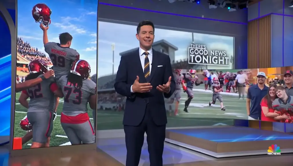 Tom Llamas reporting on Mason Wisnoski scoring a high school football touchdown