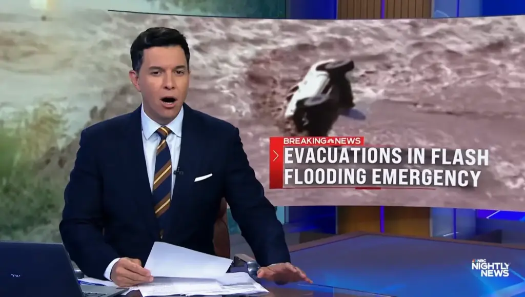 Tom Llamas introducing the Southwest flash flooding emergency on NBC Nightly News September 29 2026