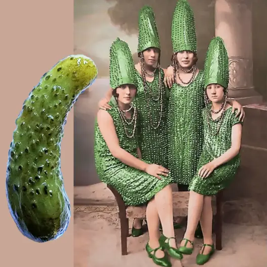 Four women in elaborate pickle costumes in the vintage image known as the Pickle Sisters