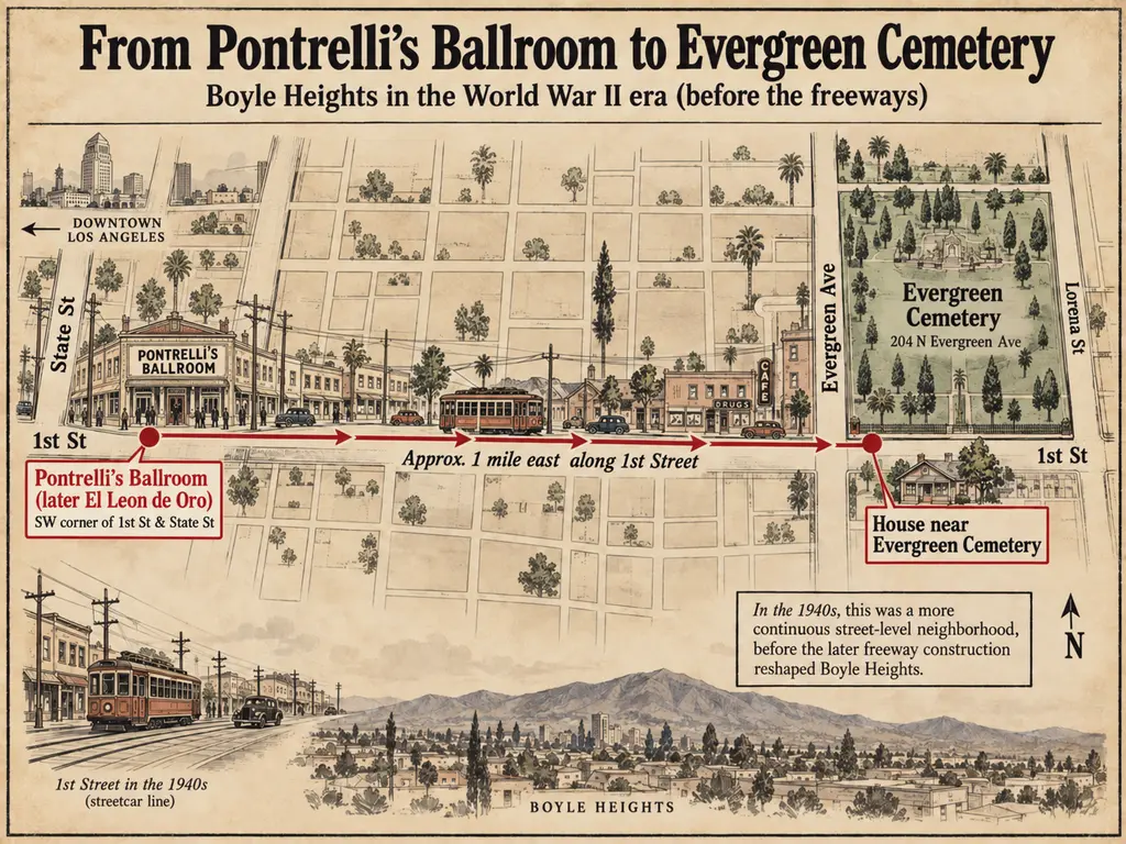 Illustrated 1940s route from Pontrelli’s Ballroom at First and State streets to Evergreen Cemetery in Boyle Heights before the freeways