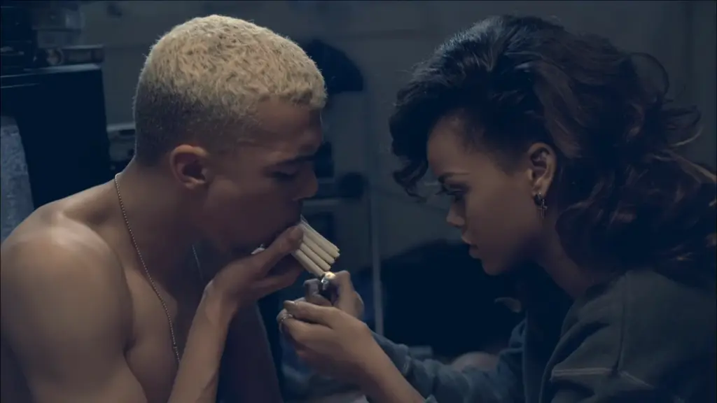 Rihanna and Dudley O’Shaughnessy in a still from the We Found Love music video