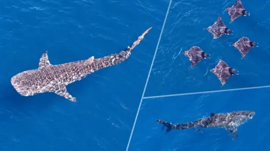 Composite aerial views of a whale shark, devil rays and a large shark in Southern California waters