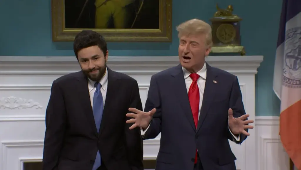 Still from Saturday Night Live's Trump and Zohran Mamdani cold open