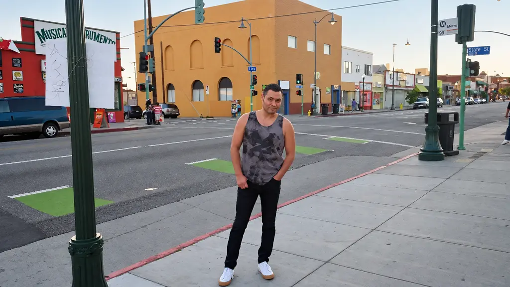 Victor Lerma Jr. outside the former El Leon de Oro building at First and State streets in Boyle Heights