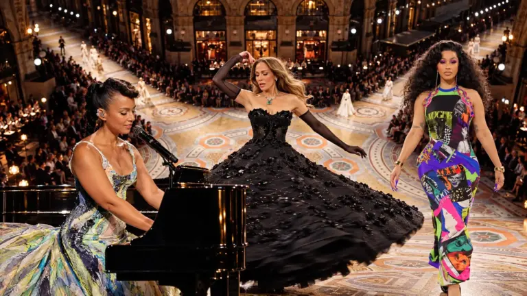 Alicia Keys performs at the piano as Jennifer Lopez and Cardi B take the runway at Vogue World Milano.