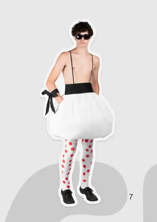 Gardouch SS27 look with oversized blue shorts, white jacket and red pointed hat from The Rings of Saturn Part 2