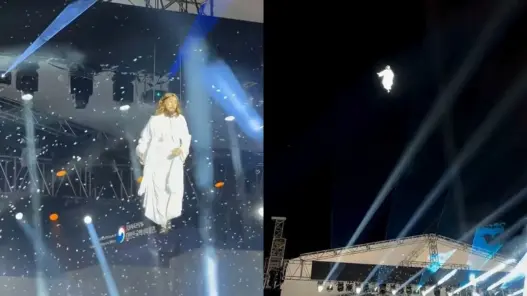 Actor portraying Jesus suspended high above Seoul during the 2026 Easter parade ascension reenactment
