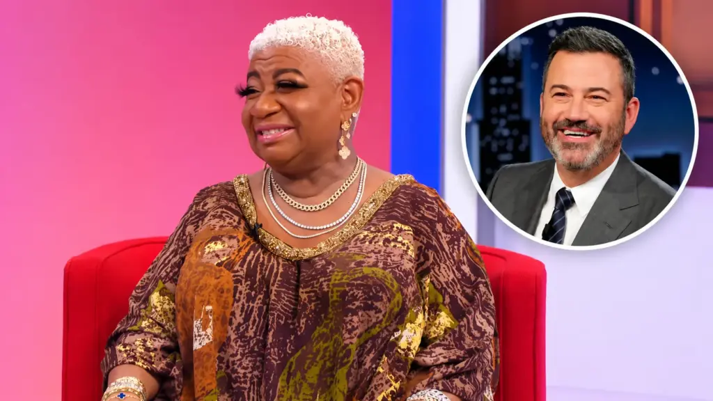 Luenell with Jimmy Kimmel pictured in a circular inset for her upcoming podcast guest announcement.