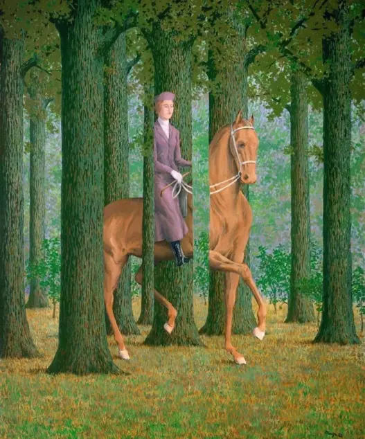 René Magritte’s 1965 painting The Blank Signature showing a horse and rider passing through a wooded landscape