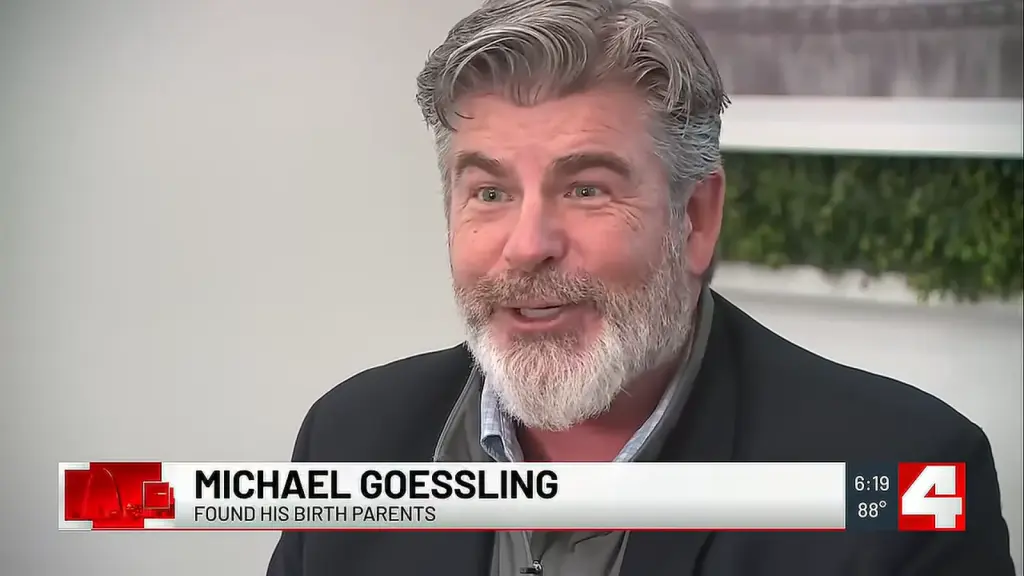 Frame from First Alert 4's report on Michael Goessling discovering Michael McDonald is his biological father