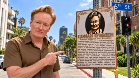 Conan O’Brien beside his missing Miracle Mile plaque on Cochran Avenue in Los Angeles