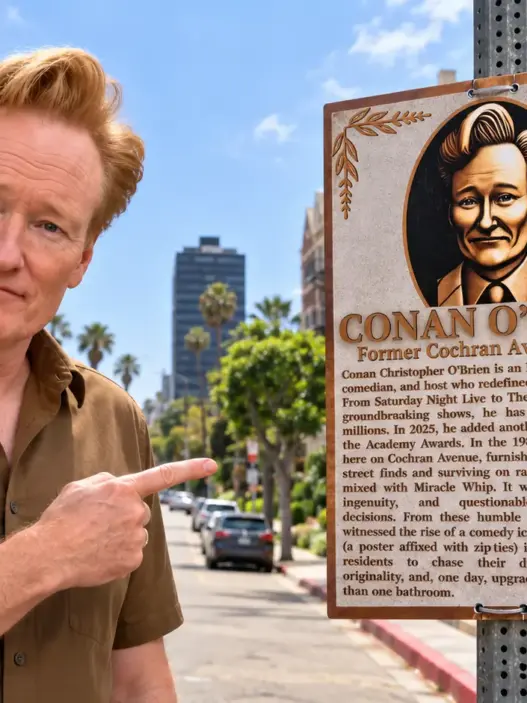 Conan O’Brien beside his missing Miracle Mile plaque on Cochran Avenue in Los Angeles