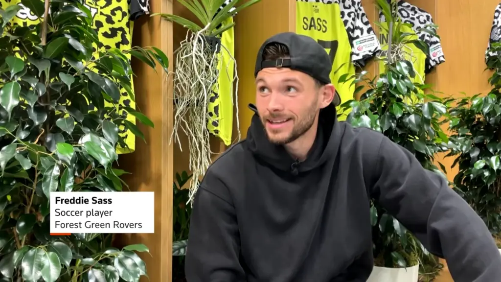 Forest Green Rovers player interviewed in the redesigned dressing room