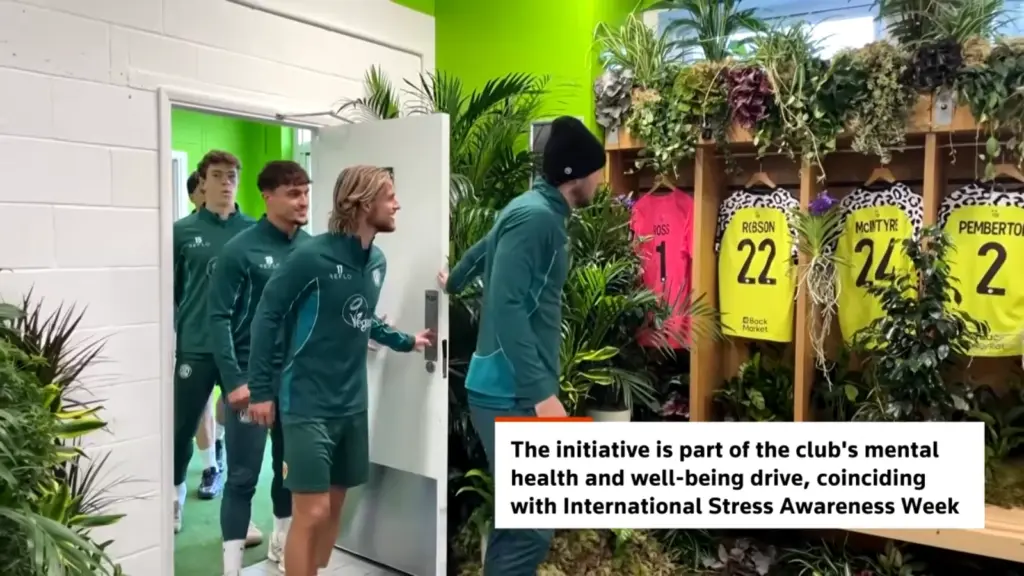 Forest Green Rovers players enter their plant-filled changing room