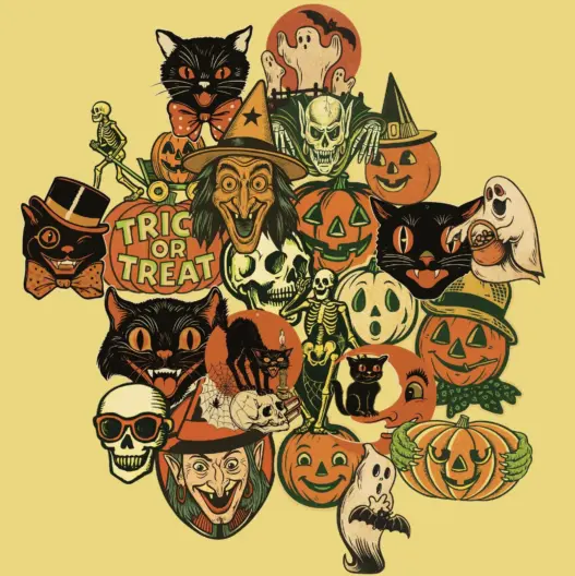 1960s-inspired romantic Halloween sticker artwork featured in A Spoonful of Whimsy