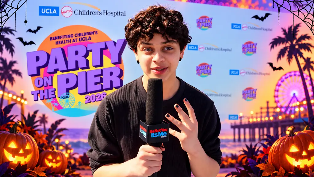 Halloween-themed editorial artwork of Wednesday actor Isaac Ordonez holding an INYIM Media microphone at Party on the Pier 2026