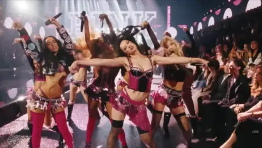 KATSEYE performing at the 2026 Victoria's Secret Fashion Show during the Pinky Up and Animal musical segment