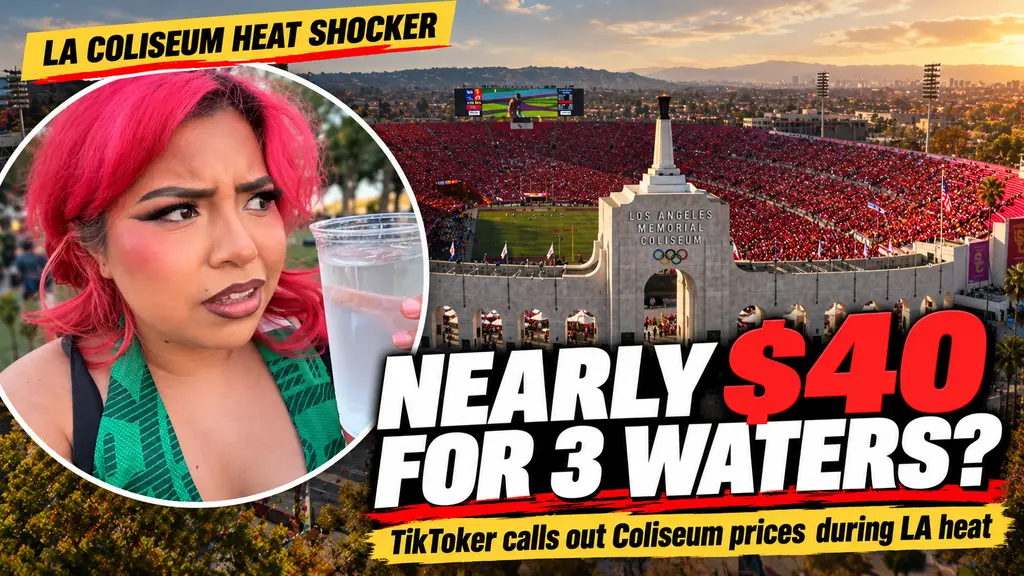 Los Angeles Memorial Coliseum with an inset of an attendee holding a cup of water during the October heat event