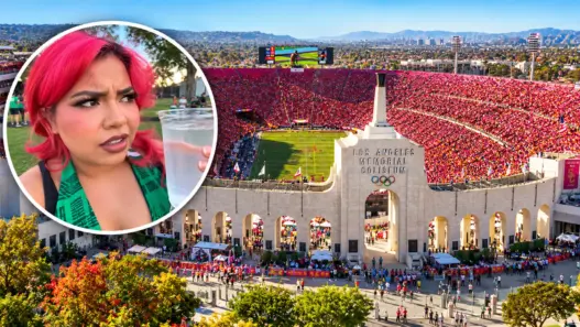Los Angeles Memorial Coliseum with an inset of an attendee holding a cup of water during the October heat event